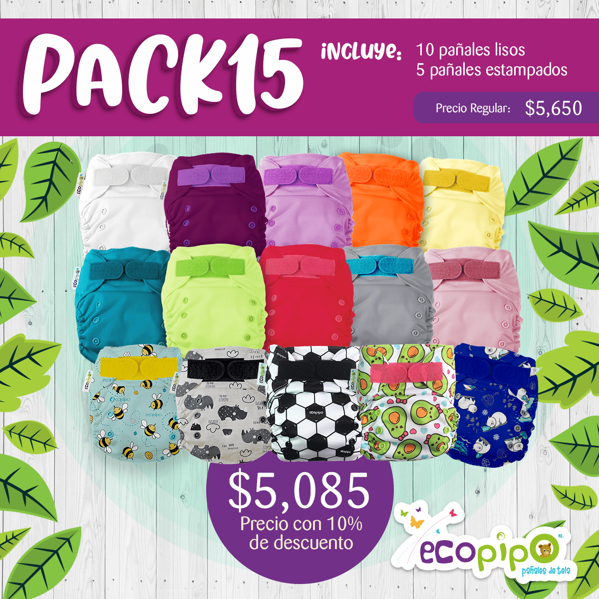 pañales de tela ecológicos con descuento paquete de 15 piezas Ecopipo